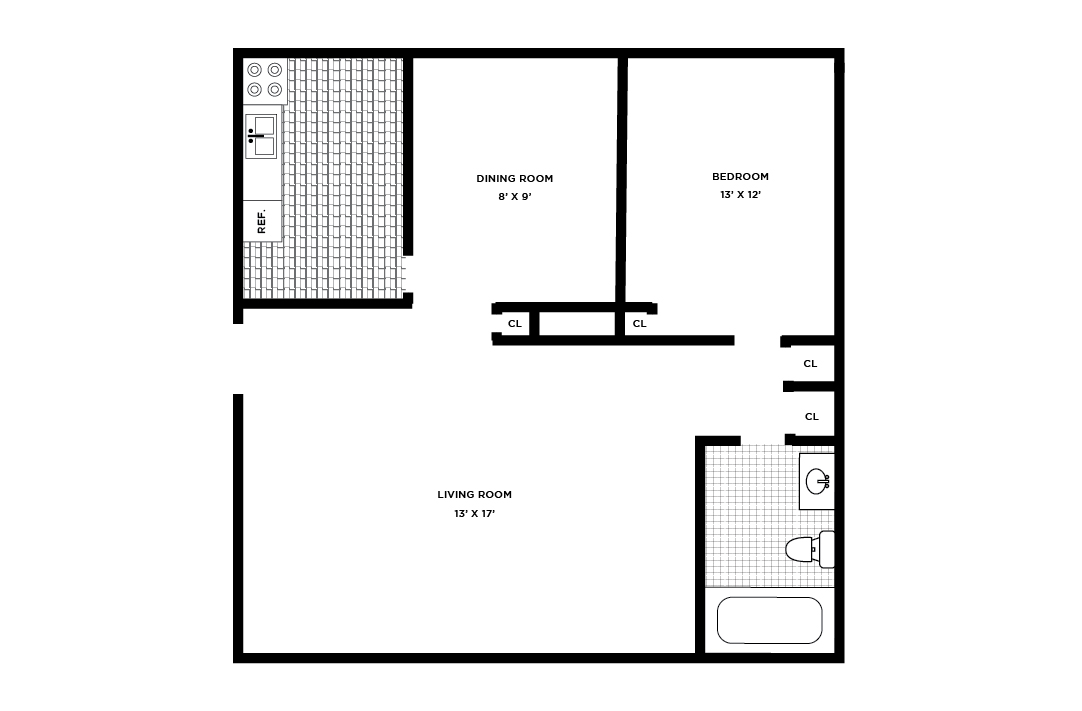 Forest Hill Apartments 1 Bedroom with dining room Flooplan
